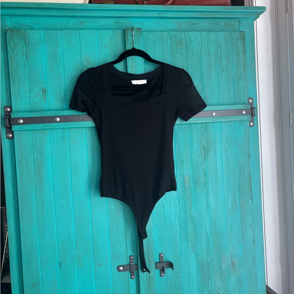 Elodie Black Short-Sleeve Square Neck Bodysuit